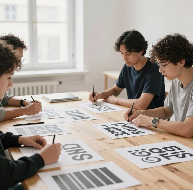 Candid, unposed workshop session in a daylight-filled Swiss studio, designers collaborating over printed typography layouts on a long wooden table, desaturated crisp photography.