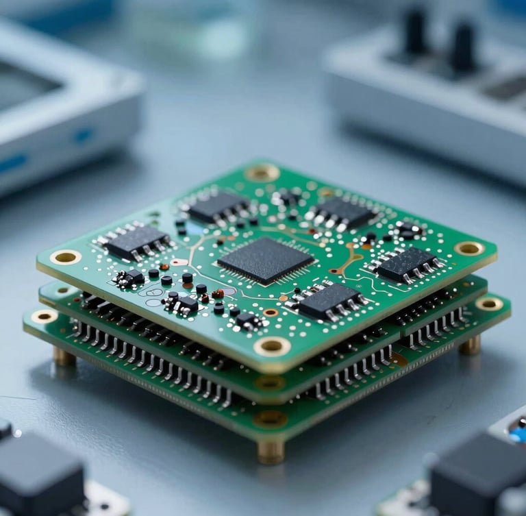 Macro close-up of a multi-layer PCB board with clean solder joints, clinical blue laboratory lighting, high-contrast industrial studio framing.