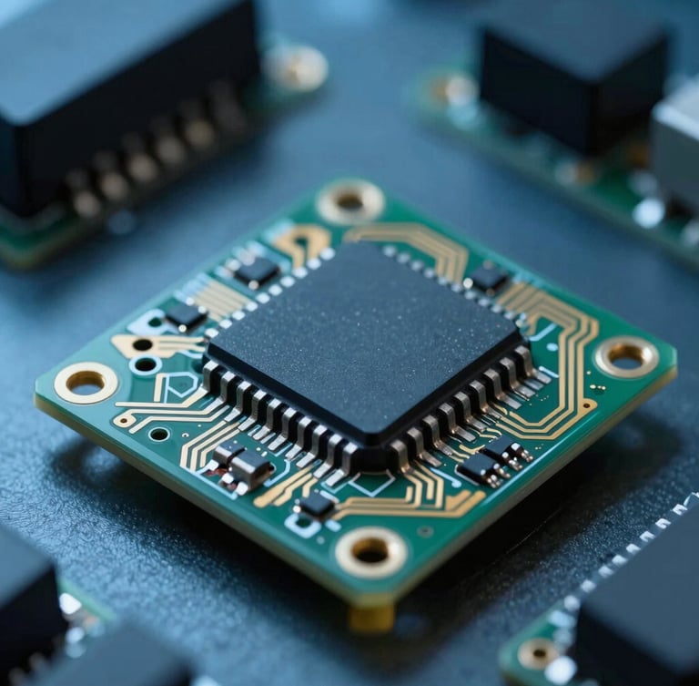 Macro close-up of a multi-layer PCB navigation module, showing the shielded GPS receiver chip and gold-plated trace lines under cool clinical blue laboratory light.