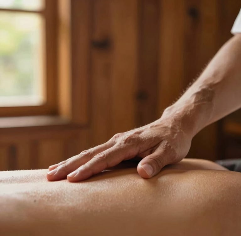 Close-up of master therapist's hands applying precise acupressure along a meridian line, warm natural light, rich teakwood background, shallow depth of field, 35mm