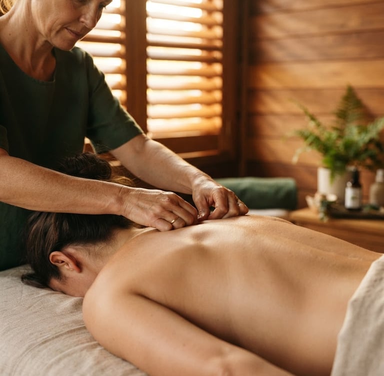 Close-up of master therapist's hands applying precise acupressure on a guest's back, soft golden-hour window light filtering through teak wooden shutters, 35mm