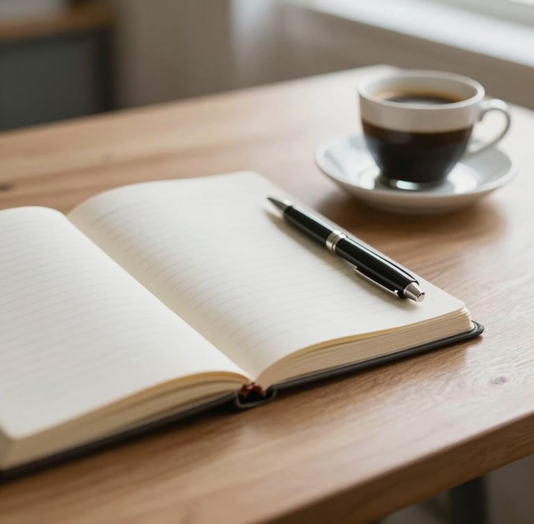 Close-up of a clean wooden desk with a notebook, pen, and high-quality espresso in quiet morning light, shallow depth of field.
