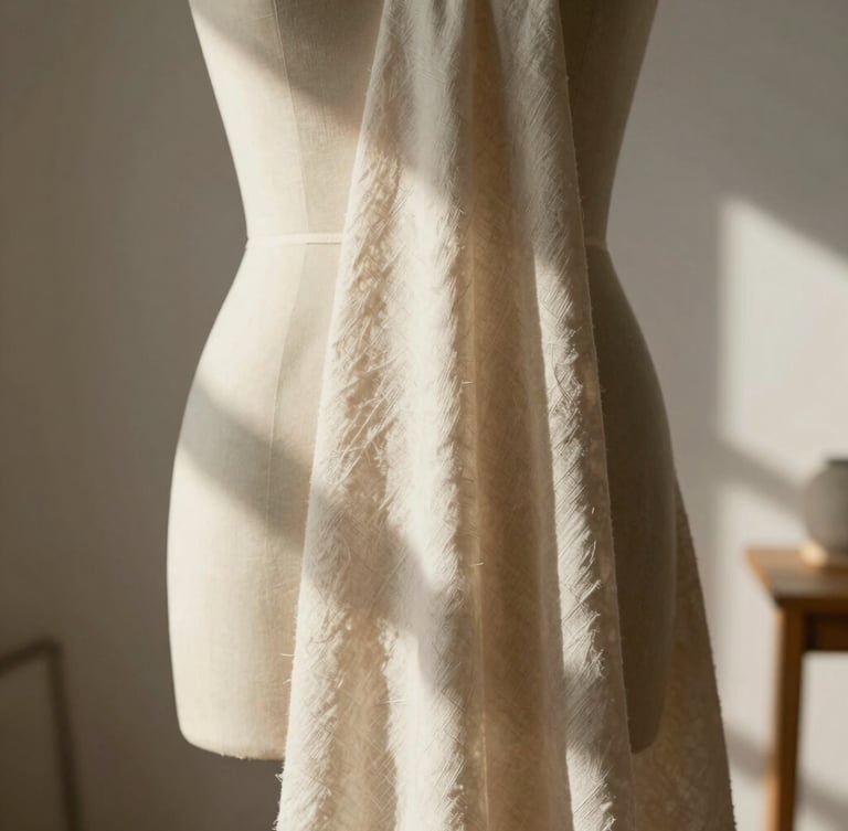Tactile close-up of heavy neutral muslin fabric draped over a physical dress form in a sunlit Provo studio, warm natural morning light, soft shadows, architectural minimalism.