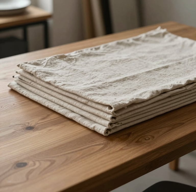 Soft diffused daylight over a heavy oak drafting table in a Provo studio, neutral linen fabric bolts stacked neatly, minimalist aesthetic.