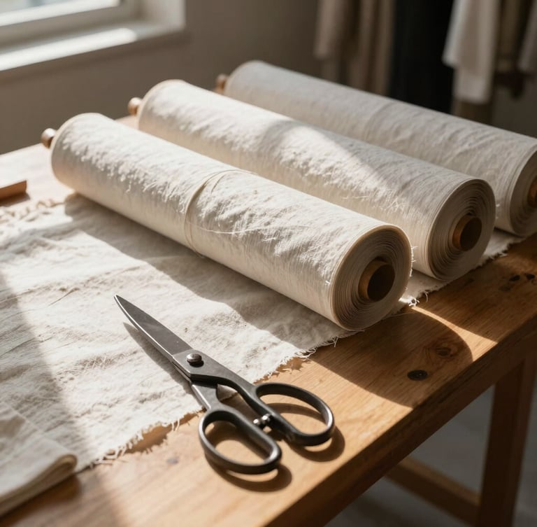 A bright, sunlit Provo fashion studio with rolls of neutral linen, heavy iron shears on a wooden drafting table, warm natural light.