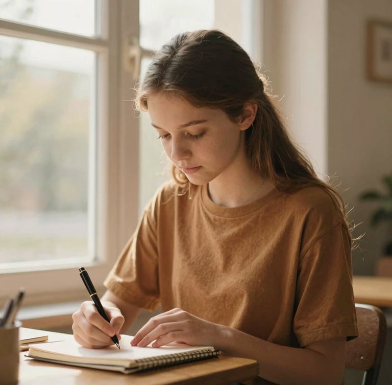 Medium environmental portrait of a focused teenage girl writing in a notebook near a window, soft natural light, warm editorial photography, 35mm lens