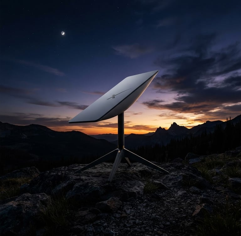 Starlink dish against a dramatic, clean twilight sky, low horizon, wide shot, premium dark product photography, sharp rim lighting.