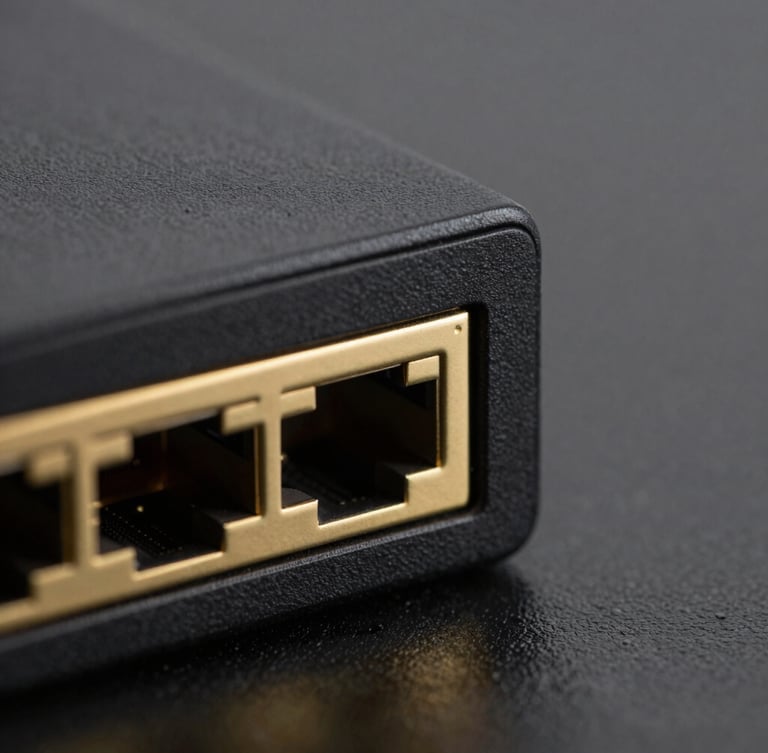 Ultra-sharp macro photography of a pristine gold-plated network port on a matte black router chassis, dramatic side rim lighting, negative space on the right