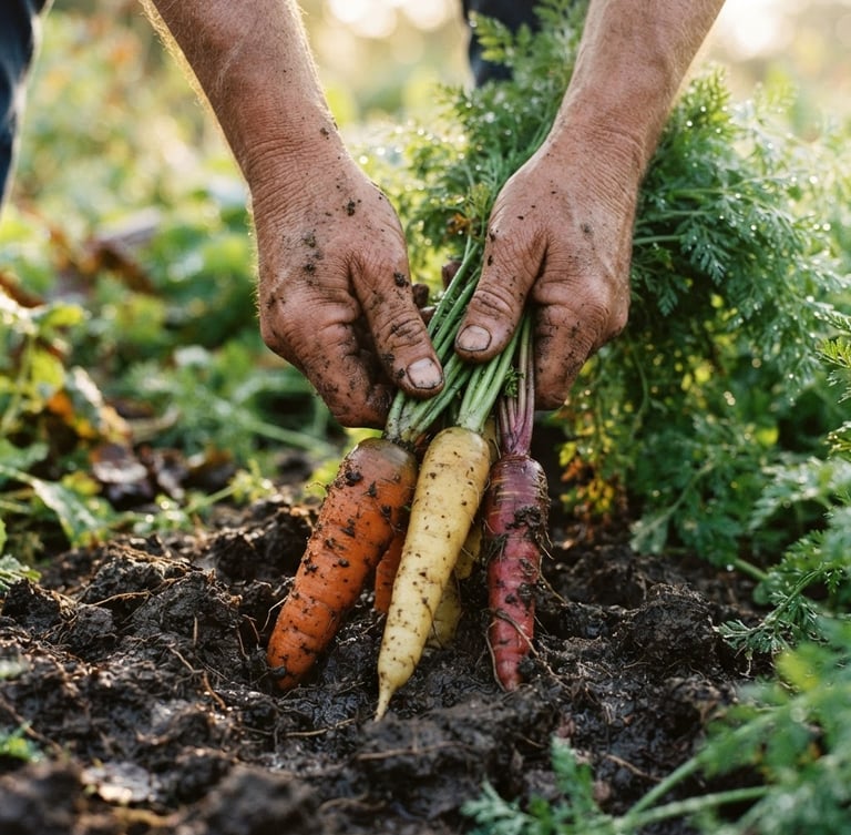 Low-angle shot of weathered hands pulling heirloom carrots from rich dark soil, soft golden morning light, dew drops on green tops, shallow depth of field.