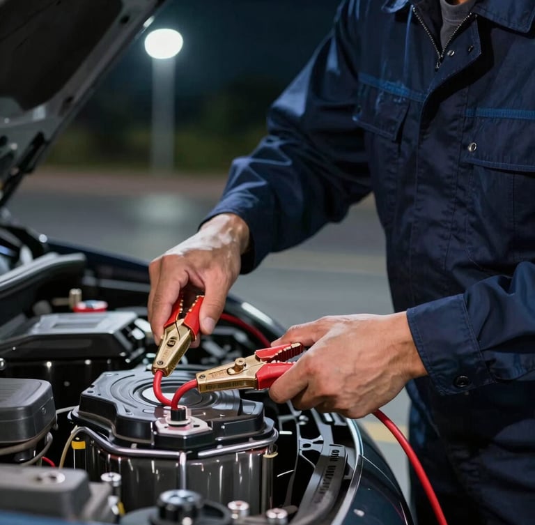 Close-up of a professional technician in a dark blue uniform connecting red jumper cables to a car battery under streetlights at night, high contrast, dramatic lighting.