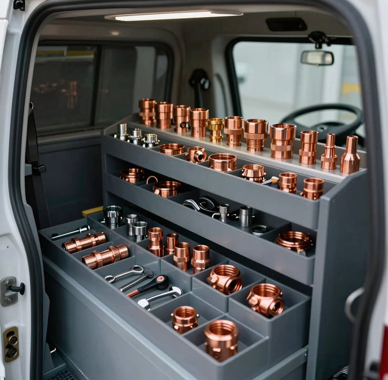 Interior view of a highly organized, clean service truck workshop, with tools and copper fittings neatly arranged in custom bins.