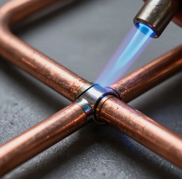 Macro shot of clean copper pipes being soldered with a bright blue flame, sharp focus on the metallic joint, cool-toned work light.
