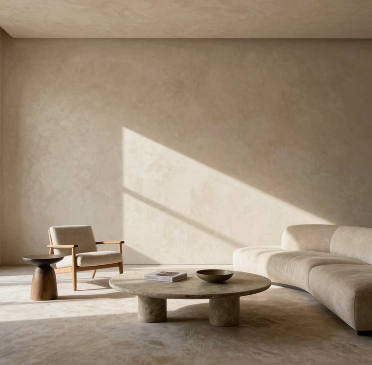Wide architectural angle of a minimalist Madrid living room with hand-troweled warm bone plaster walls, natural directional daylight raking across the texture, elegant low furniture.