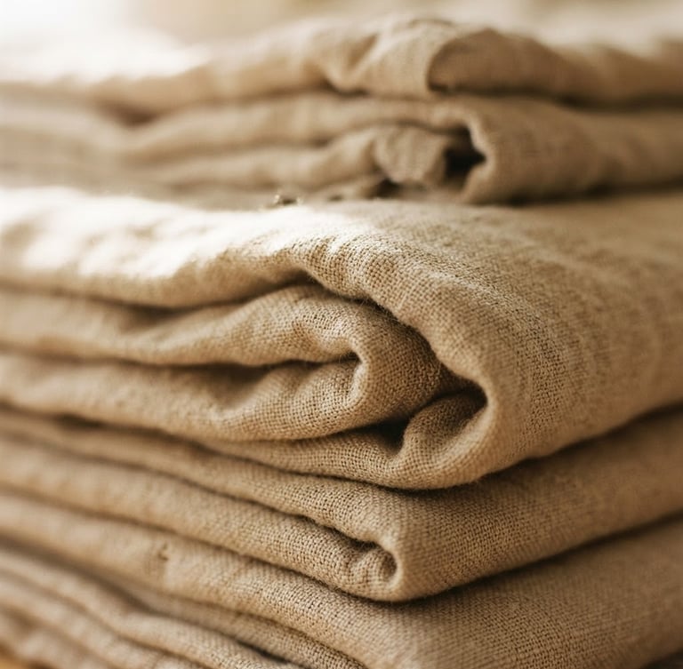 Intimate close-up of folded organic linen fabric in soft morning daylight, warm sand tones, minimalist composition, 35mm film
