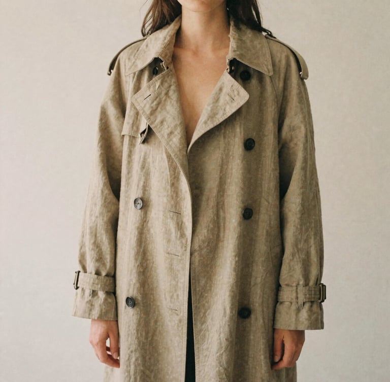 Intimate portrait of a woman in a heavy draped linen trench coat, standing in soft diffused daylight, muted warm earth tones, 35mm film style.