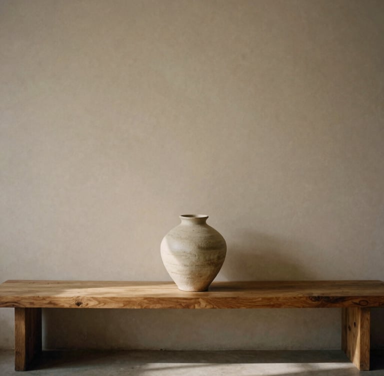 A minimalist architectural interior with a single raw ceramic vase on a wooden bench, soft daylight casting gentle shadows, warm neutral tones