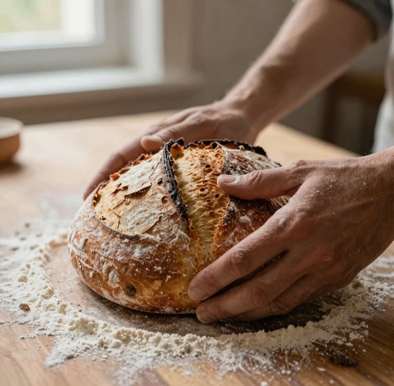 Close-up macro shot of hands kneading sourdough on a flour-dusted wooden table, warm morning window light, rich organic textures, shallow depth of field