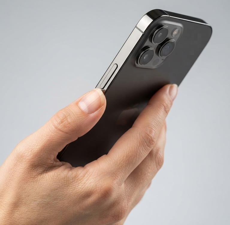 Crisp macro shot of a hand holding a modern smartphone, bright studio lighting, neutral gray background, sharp focus, 50mm lens