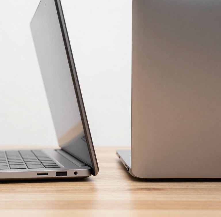 Close-up of two modern laptops side-by-side on a clean wooden desk, bright studio lighting, sharp focus on the hinge and screen bezels
