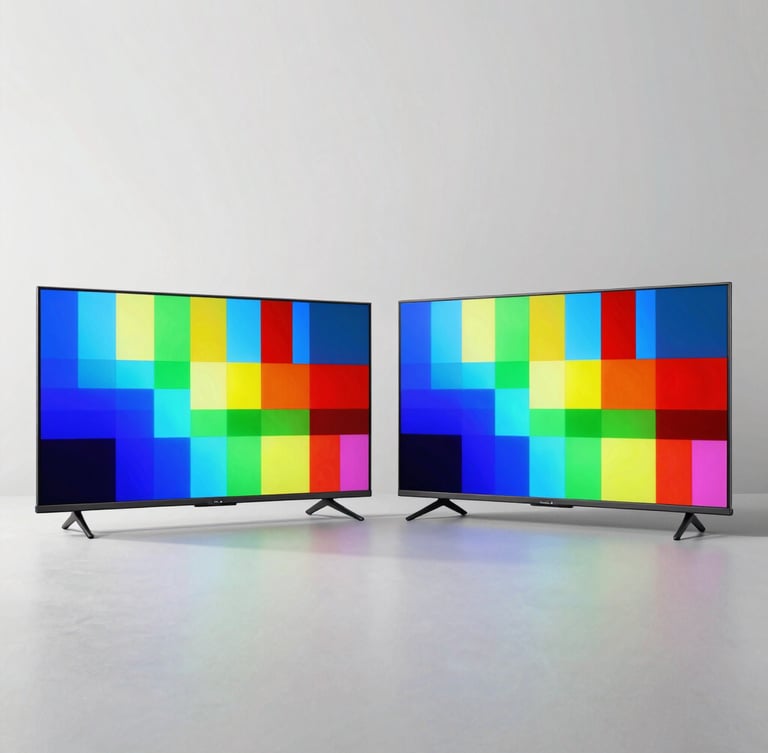 Two smart TVs side-by-side displaying vibrant test patterns in a bright living room setup, neutral background