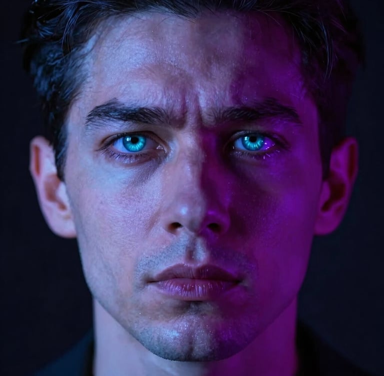 Close-up portrait of a dramatic actor with intense emotional expression, neon violet and cyan lighting reflected in the eyes, vertical 9:16 framing, dark background, sharp studio focus
