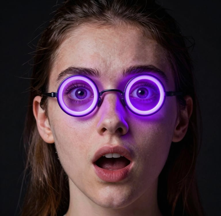 Close-up portrait of a young actress expressing intense surprise, neon violet ring light reflected in her eyes, sharp studio lighting, tight vertical crop, high contrast.