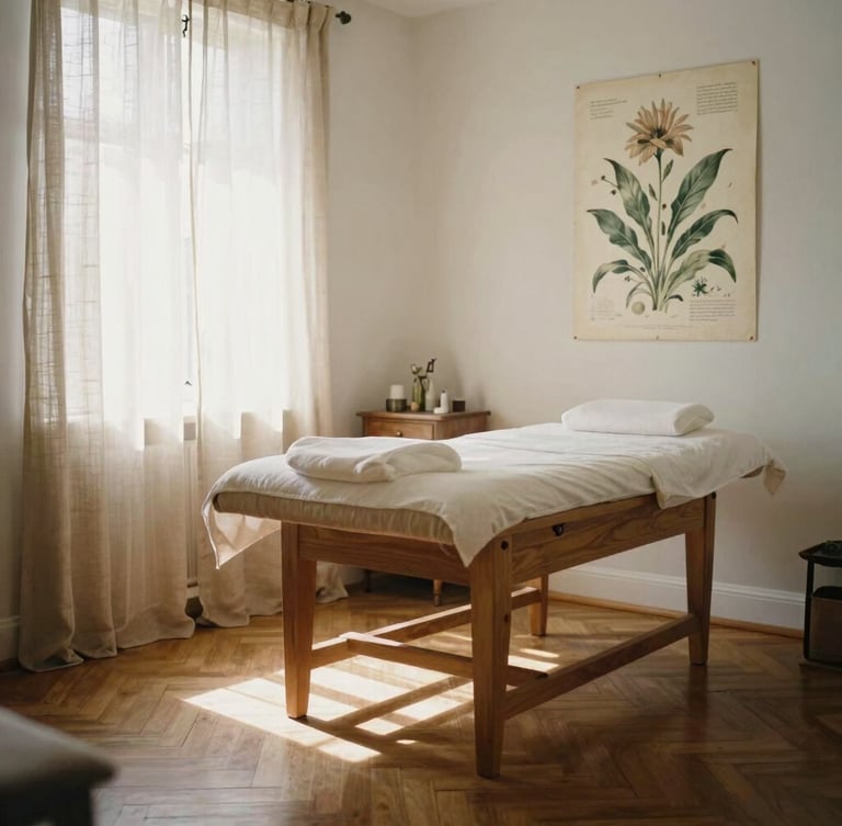 Wide shot of a beautifully lit wellness treatment room, warm wooden parquet floor, solid wood desk, rustic linen curtains, soft natural north daylight, vintage botanical illustration on the wall, 35mm film.