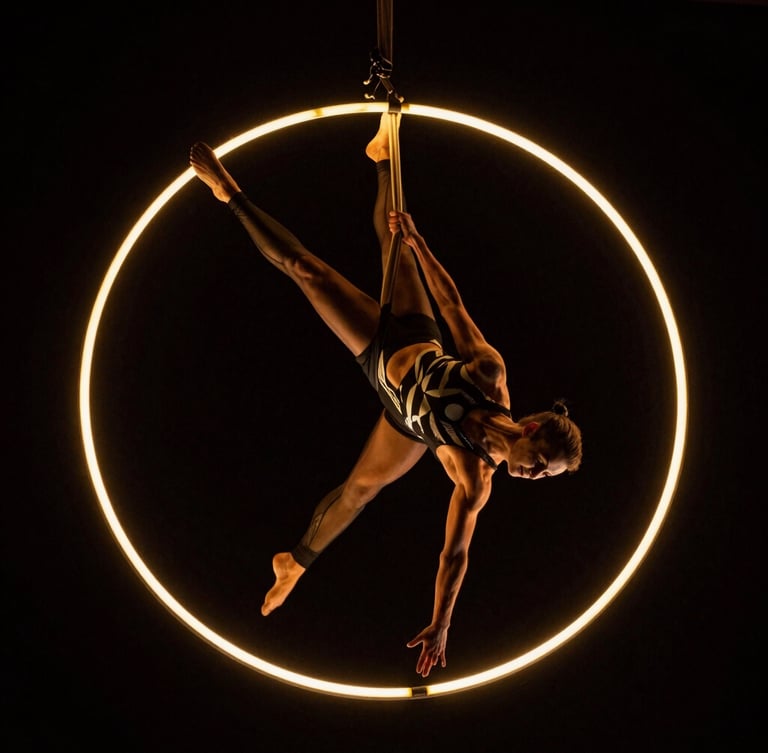 Low-angle dynamic shot of an aerial hoop performer suspended under dramatic golden rim lighting, dark high-contrast theatrical background, 35mm.