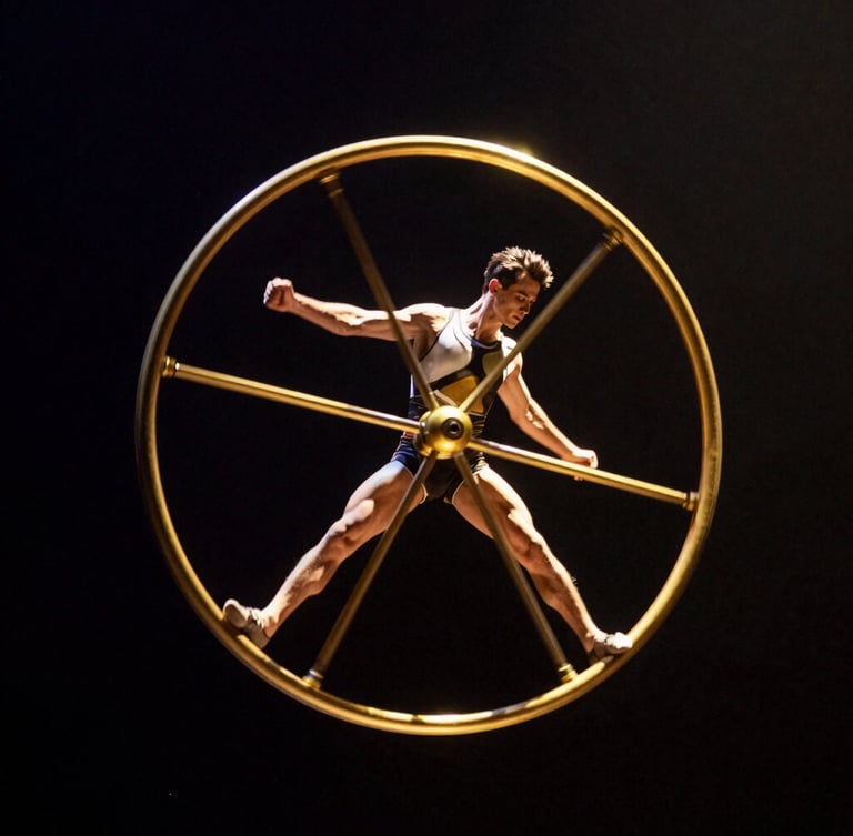 Dynamic low-angle shot of a male circus artist balancing inside a golden Cyr Wheel, dramatic theatrical spotlighting, deep black background, golden rim light, sharp focus.