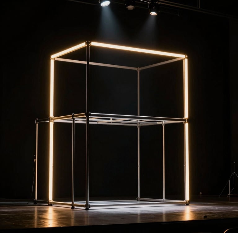 Wide shot of a performance stage with a minimalist metal apparatus, dramatic golden rim lighting, dark background, production-ready setup