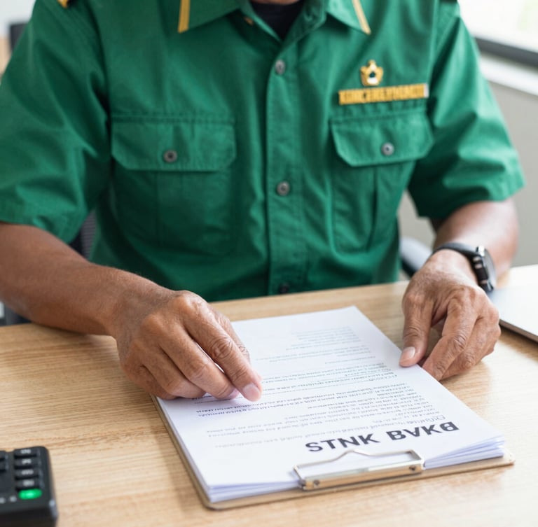 Bright daylight medium close-up of a professional Indonesian staff member in a clean green and gold uniform neatly organizing official STNK and BPKB documents on a clean wooden desk.