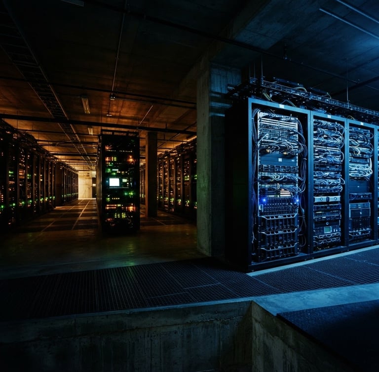 Wide panoramic brutalist server farm, high-security data center, harsh terminal green and amber glow, high contrast, deep shadows, 35mm, an imposing server rack on the right third, cold blue light