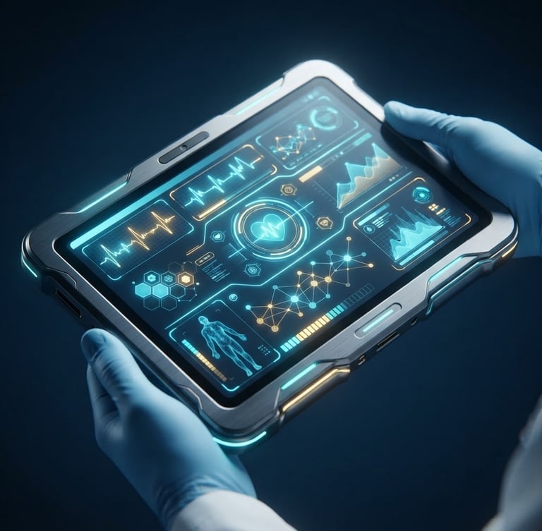 Sleek 3D render of a futuristic medical tablet displaying health charts, dark blue background, glowing cyan accents, isometric view