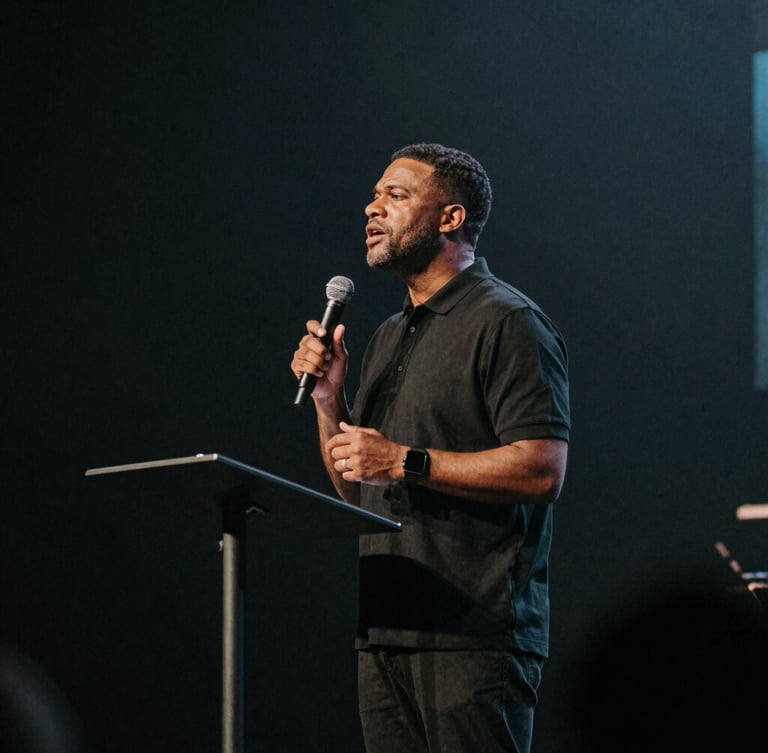 Cinematic editorial photography of a pastor preaching on stage with dramatic side-lighting, deep moody slate tones, shallow depth of field, 35mm film style