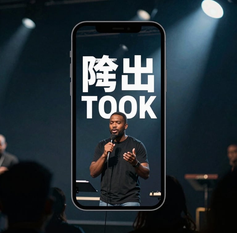 Cinematic vertical smartphone mockup showing a pastor preaching with bold white subtitles, dramatic stage lighting, deep slate background