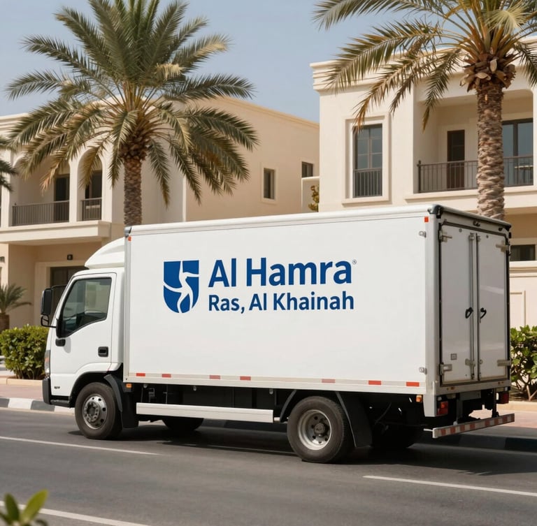 Wide-angle environmental shot of a clean, branded moving truck parked on a sunny residential street in Al Hamra, Ras Al Khaimah. Bright, natural UAE daylight, palm trees and elegant villa facades in the background.