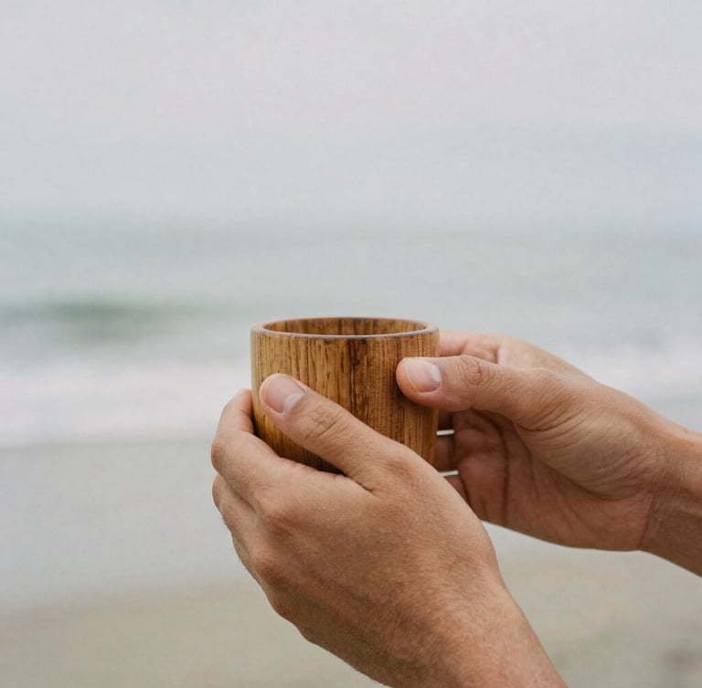 Close-up documentary shot of two hands holding a wooden cup together, soft overcast daylight, muted earth tones, natural 35mm film grain