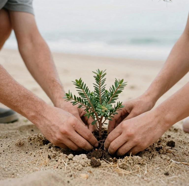 Close-up of hands working together to plant a small coastal shrub in warm sandy soil, soft overcast daylight, natural documentary style.