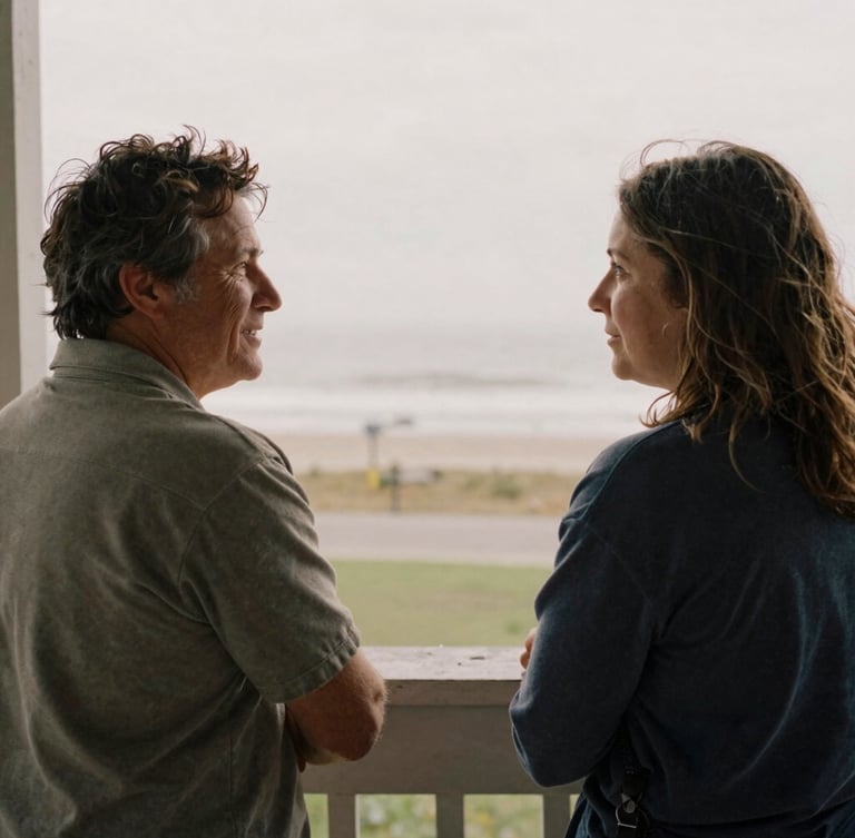 Medium-close environmental portrait of two neighbors talking on a porch in soft overcast daylight, muted earth tones, natural film grain.