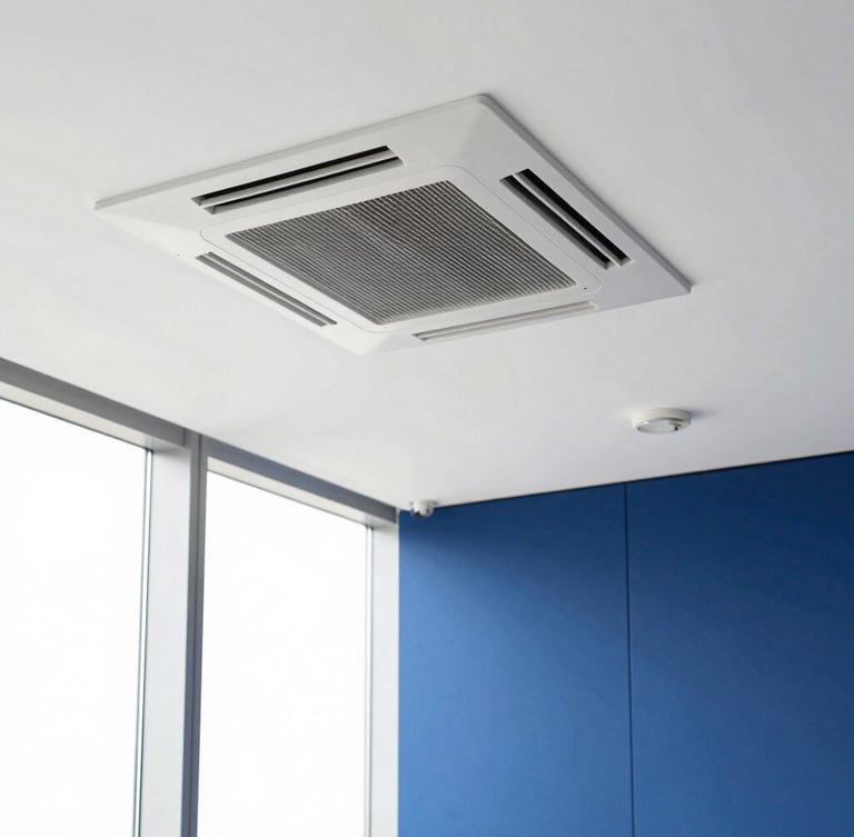 Modern office interior with clean air conditioning cassette unit on the ceiling, bright daylight, professional corporate environment
