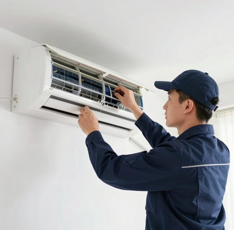 Professional technician in a clean navy uniform working on a modern split air conditioner unit, bright natural indoor light, sharp focus
