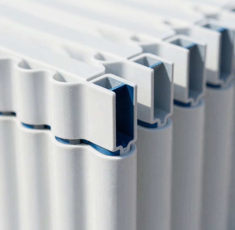Close-up of a clean welded UPVC joint, showing multi-chambered profiles, bright daylight, crisp white and deep blue tones, sharp focus, architectural alignment.