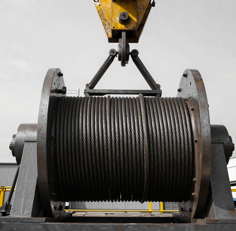 Close-up of a heavy-duty industrial crane hoist drum, steel cable tightly wound, harsh daylight, high-contrast desaturated steel tones, Welshpool yard.