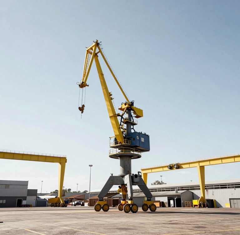 Wide-angle environmental shot of a massive yellow gantry crane in a Welshpool industrial yard under harsh, bright Western Australian daylight, high contrast, desaturated steel tones with safety yellow accents, 35mm lens.