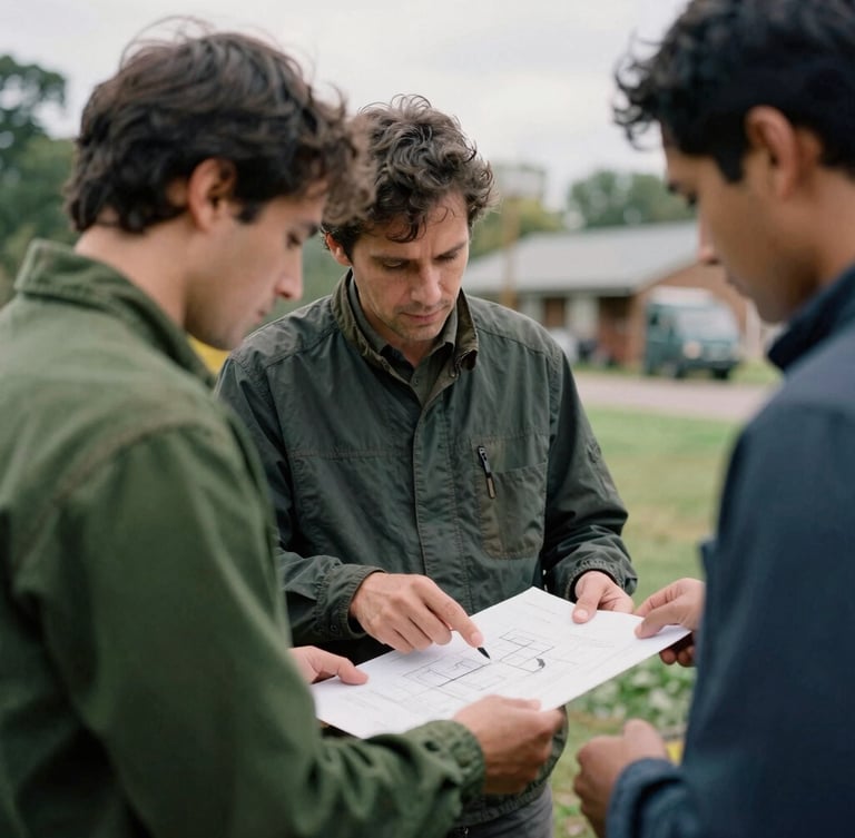 Candid medium shot of a local community leader and an international partner reviewing architectural plans outdoors, soft overcast daylight, rich moss green and deep slate tones, 35mm film look
