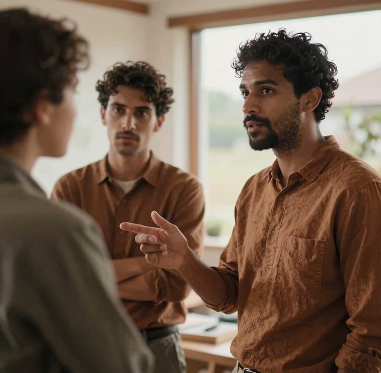 Candid medium shot of a global partner explaining a project on-site, warm natural ambient light, rich earthy tones, respectful and dignified portrait.