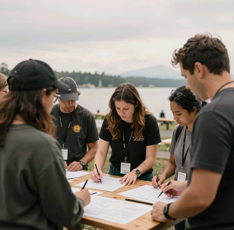 A collaborative community workshop in Shoreline, volunteers and partners reviewing plans together, soft overcast natural light, warm film tones.