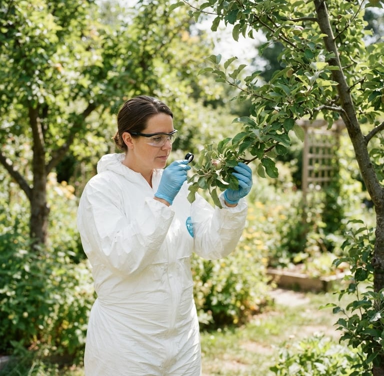 A professional technician wearing a clean white protective suit gently inspecting a tree branch in a bright, sunlit green garden, sharp focus, editorial photography
