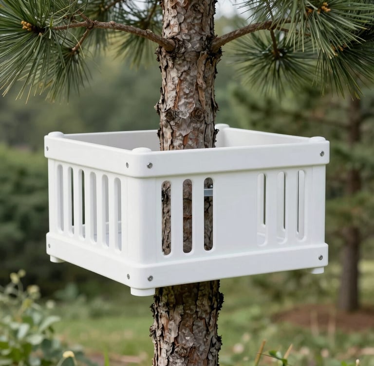 Close-up of a modern, clean eco-trap neatly installed around a pine tree trunk, bright natural daylight, clinical precision