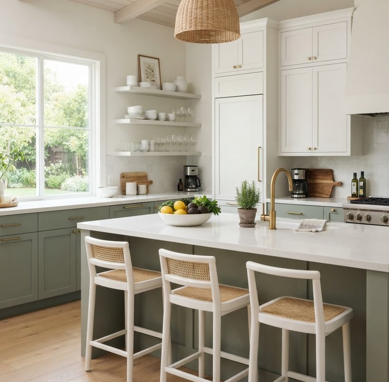 Bright editorial photography of a modern, immaculate residential kitchen interior, soft natural daylight, clean white and muted green tones, sharp focus, 35mm.